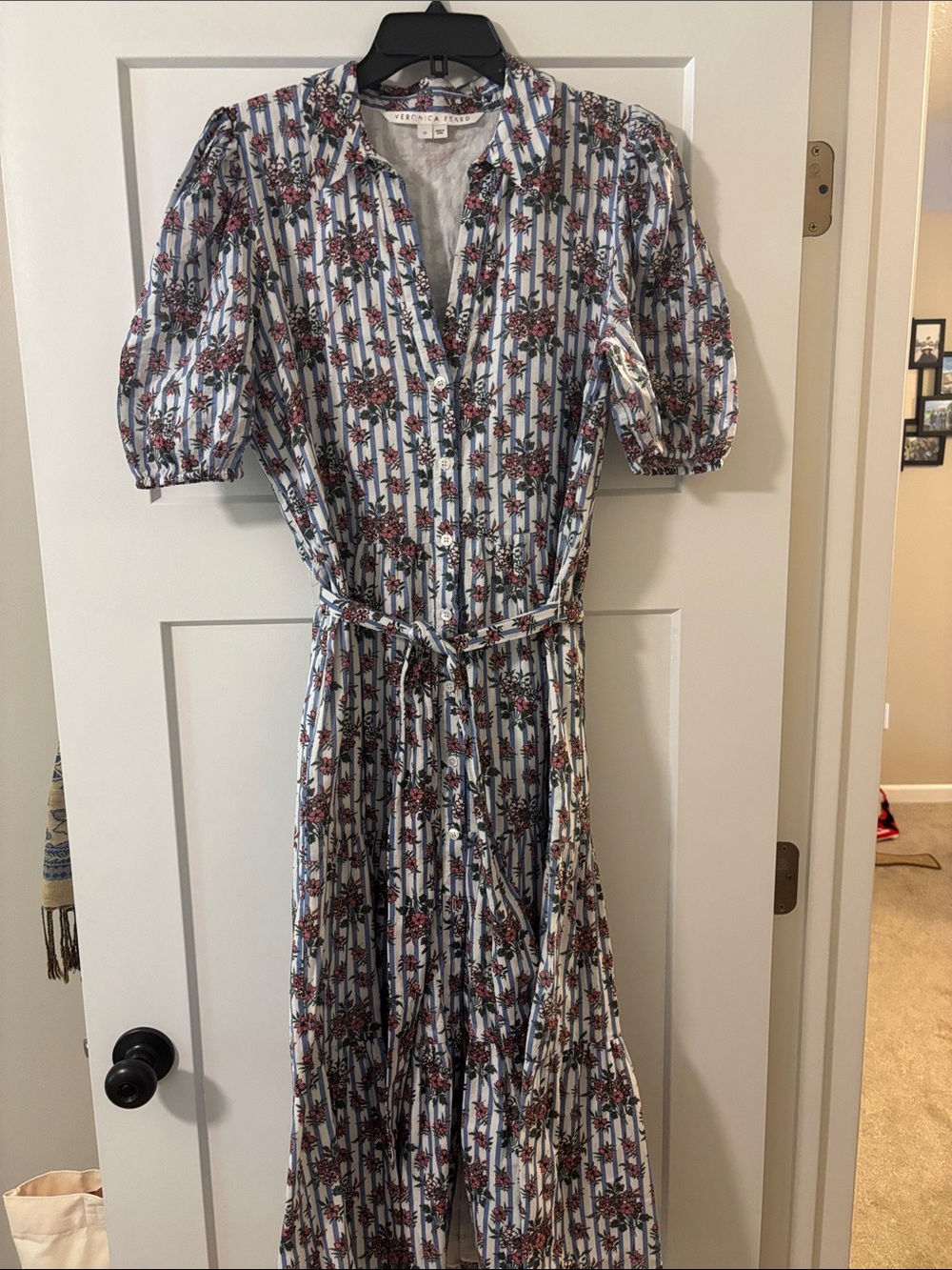 Veronica Beard Blue and White Floral-Striped Midi Dress